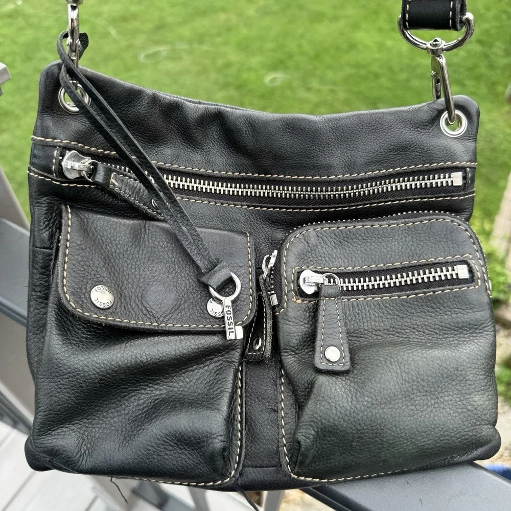 Fossil Y2K Sutton Crossbody Bag Black Pebble Leather Hobo Gorpcore Purse
